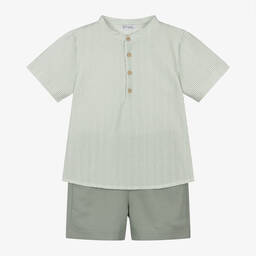 Mebi-Boys Green Cotton & Linen Shorts Set | Childrensalon Outlet