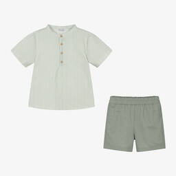 Mebi-Boys Green Cotton & Linen Shorts Set | Childrensalon Outlet