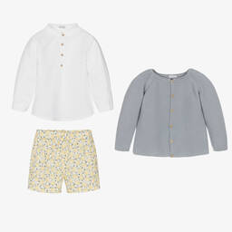 Mebi-Boys White & Blue Cotton Shorts Set | Childrensalon Outlet