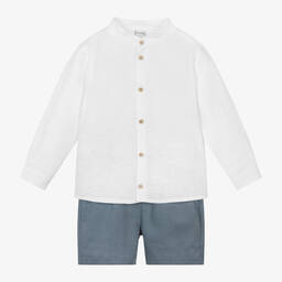 Mebi-Boys White Cotton & Linen Shorts Set | Childrensalon Outlet