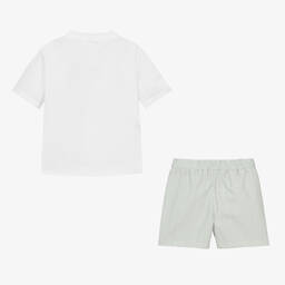 Mebi-طقم شورت قطن عضوي مقلم لون أبيض وأخضر للأولاد | Childrensalon Outlet