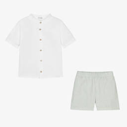 Mebi-طقم شورت قطن عضوي مقلم لون أبيض وأخضر للأولاد | Childrensalon Outlet