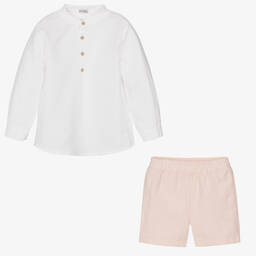 Mebi-Boys White Linen Shirt & Pink Shorts Set | Childrensalon Outlet