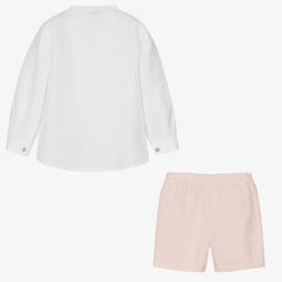 Mebi-Boys White Linen Shirt & Pink Shorts Set | Childrensalon Outlet