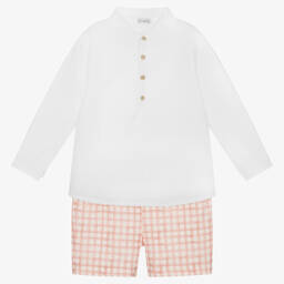 Mebi-Boys White & Pink Check Shorts Set | Childrensalon Outlet