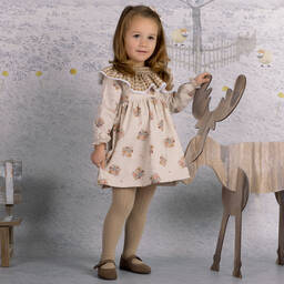 Mebi-Girls Beige Floral Cotton Dress | Childrensalon Outlet