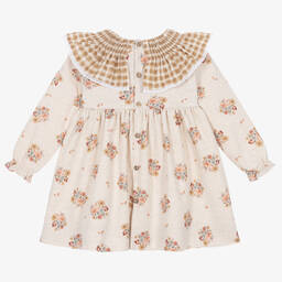 Mebi-Girls Beige Floral Cotton Dress | Childrensalon Outlet