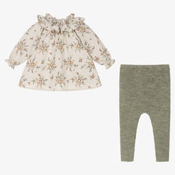 Mebi-طقم ليقنز  بطبعة ورود مزيج قطن لون بيج وأخضر للبنات | Childrensalon Outlet