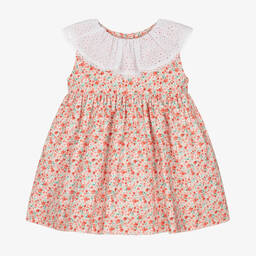 Mebi-Girls Coral Pink Floral Cotton Dress | Childrensalon Outlet