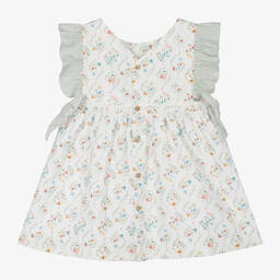 Mebi-Girls Ivory Cotton Floral Dress | Childrensalon Outlet
