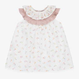 Mebi-Girls Ivory Floral Cotton Dress | Childrensalon Outlet
