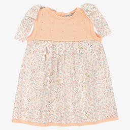 Mebi-Girls White & Orange Cotton Floral Dress | Childrensalon Outlet