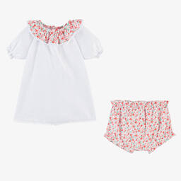 Mebi-Girls White & Pink Cotton Shorts Set | Childrensalon Outlet