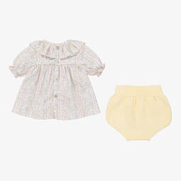 ميبي-طقم شورت قطن لون عاجي وأصفر بطبعة ورود | Childrensalon Outlet