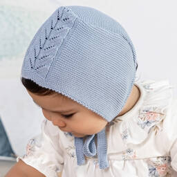 Mebi-Pale Blue Knitted Cotton Baby Bonnet | Childrensalon Outlet