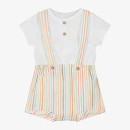 Mebi-White Striped Cotton Shorts Set | Childrensalon Outlet