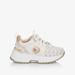 Michael Kors Kids-حذاء رياضي للبنات من الجلد الصناعي البيج بشعار مميز | Childrensalon Outlet