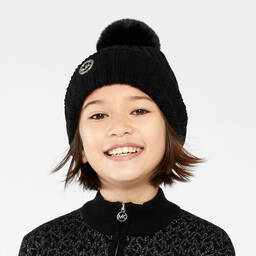 Michael Kors Kids-Girls Black Knit Pom-Pom Hat | Childrensalon Outlet