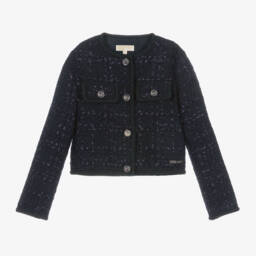Michael Kors Kids-Girls Blue Tweed Buttoned Jacket | Childrensalon Outlet