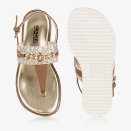 Michael Kors Kids-Girls Brown Faux Leather Logo Sandals  | Childrensalon Outlet