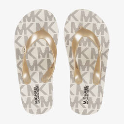 Michael Kors Kids-Girls Ivory & Gold Logo Flip-Flops | Childrensalon Outlet