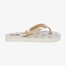 Michael Kors Kids-Girls Ivory & Gold Logo Flip-Flops | Childrensalon Outlet