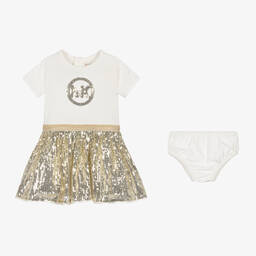 Michael Kors Kids-Girls Ivory Jersey & Gold Sequin Dress | Childrensalon Outlet