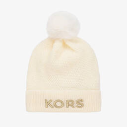 Michael Kors Kids-Girls Ivory Knitted Pom-Pom Hat | Childrensalon Outlet