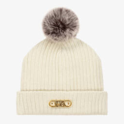 Michael Kors Kids-Girls Ivory Wool Blend Pompom Hat | Childrensalon Outlet