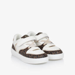 Michael Kors Kids-Girls Monogrammed Velcro White-Brown Sneakers | Childrensalon Outlet