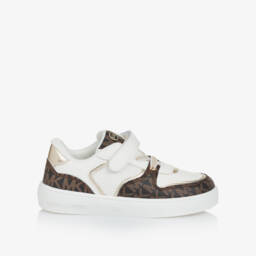 Michael Kors Kids-Girls Monogrammed Velcro White-Brown Sneakers | Childrensalon Outlet