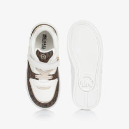 Michael Kors Kids-Girls Monogrammed Velcro White-Brown Sneakers | Childrensalon Outlet