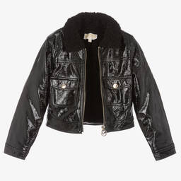 Michael Kors Kids-Girls Shiny Black Faux Leather Jacket | Childrensalon Outlet
