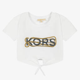 Michael Kors Kids Girls White Cotton Logo T Shirt Childrensalon Outlet