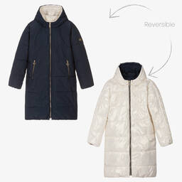 Michael Kors Kids-Teen Girls Ivory & Blue MK Reversible Coat | Childrensalon Outlet