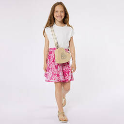 Michael Kors Kids-فستان سكاتر جيرسي لون زهري وأبيض مزين بترتر | Childrensalon Outlet