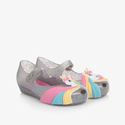 Mini Melissa-Блестящие серебряные туфли единорога для девочек | Childrensalon Outlet