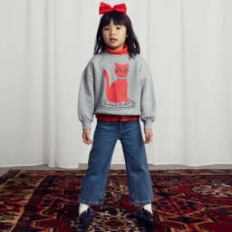 Mini Rodini-سويتشيرت بطبعة قطة قطن عضوي لون رمادي مارل | Childrensalon Outlet