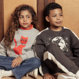 Mini Rodini-سويتشيرت بطبعة قطة قطن عضوي لون رمادي مارل | Childrensalon Outlet