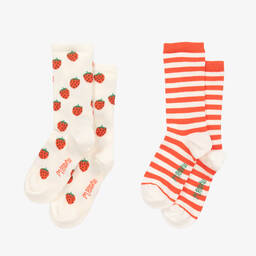 Mini Rodini-Кремово-красные носки из органического хлопка (2пары) | Childrensalon Outlet
