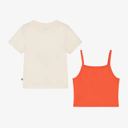 Mini Rodini-طقم تيشيرت قطن عضوي لون برتقالي وعاجي للبنات | Childrensalon Outlet