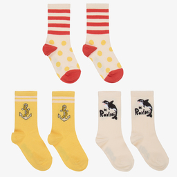 ميني روديني-جوارب قطن عضوي لون أصفر وبيج وأبيض (عدد 3) | Childrensalon Outlet