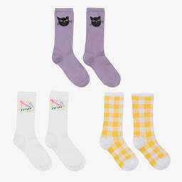 ميني روديني-جوارب مزيج قطن عضوي لون أبيض وبنفسجي وأصفر للبنات (عدد 3) | Childrensalon Outlet