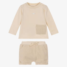 Mintini Baby-Baby Boys Beige Cotton Jersey & Fleece Shorts Set | Childrensalon Outlet