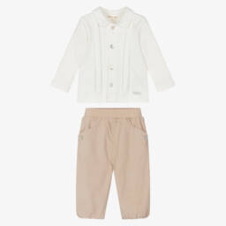 Mintini Baby-Baby Boys Beige & Ivory Cotton Jersey Trouser Set  | Childrensalon Outlet