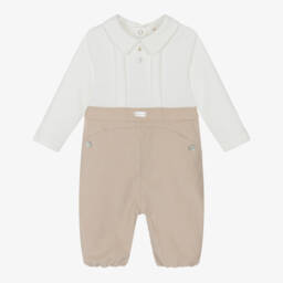 Mintini Baby-Baby Boys Beige & Ivory Cotton Romper | Childrensalon Outlet