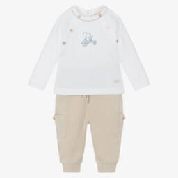 Mintini Baby-Baby Boys Beige & White Cotton Jersey Trouser Set | Childrensalon Outlet