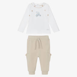 Mintini Baby-Baby Boys Beige & White Cotton Jersey Trouser Set | Childrensalon Outlet