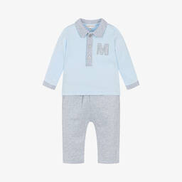 Mintini Baby-Baby Boys Blue & Grey Cotton Trouser Set | Childrensalon Outlet