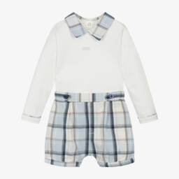 Mintini Baby-Baby Boys Blue & Ivory Check Cotton Shorts Set | Childrensalon Outlet